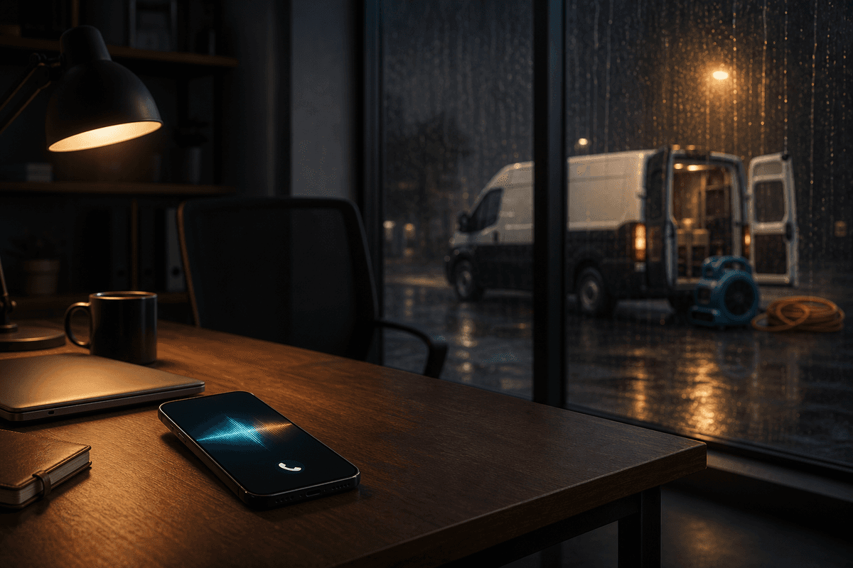 A phone on an office desk with a restoration service truck and drying equipment outside at night.
