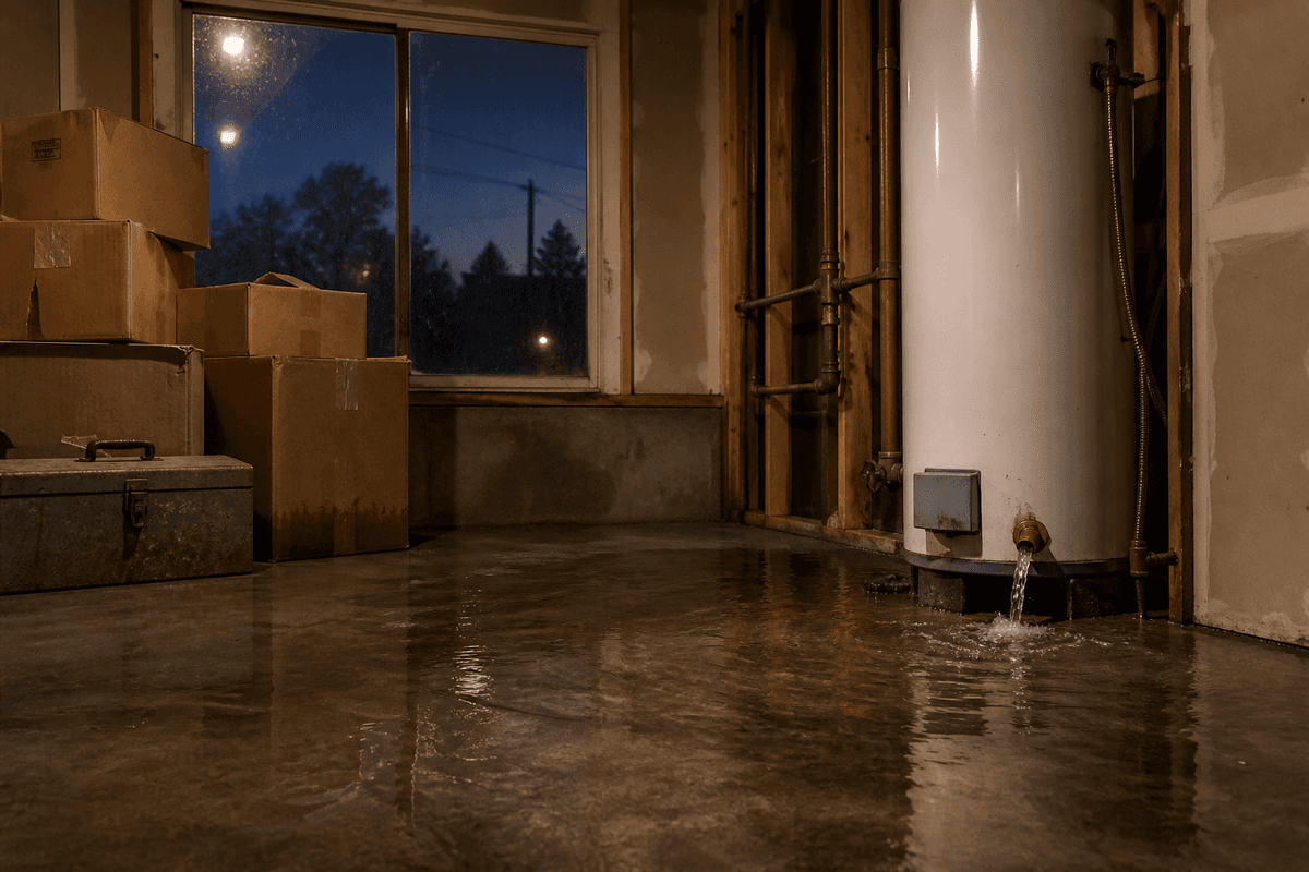 Water spreading around a water heater toward cardboard boxes in a garage.