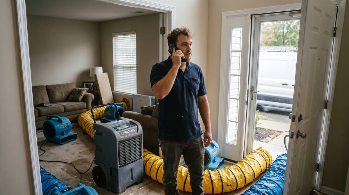 A person speaking on a phone beside drying equipment in a home undergoing restoration.