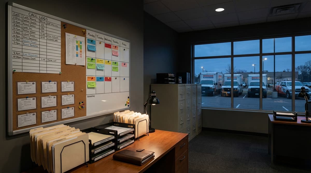 Call intelligence dashboard with work trucks visible through window