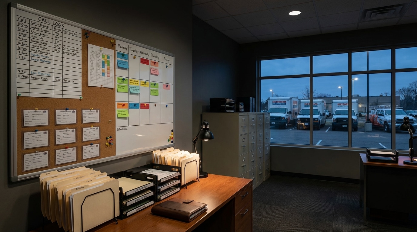 Call intelligence dashboard with work trucks visible through window