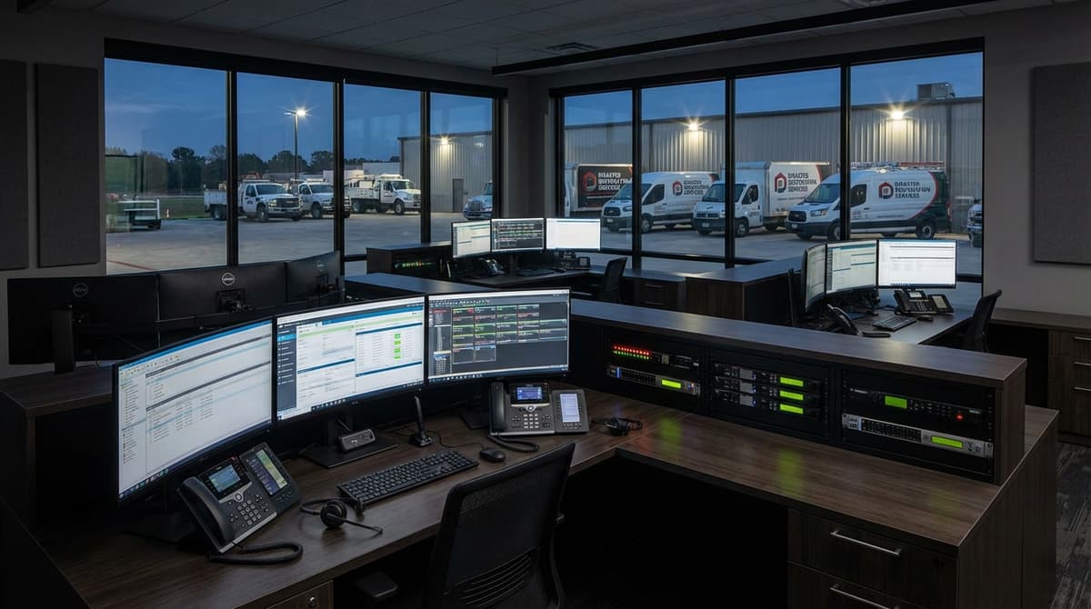 Professional dispatch office with phone systems and work trucks