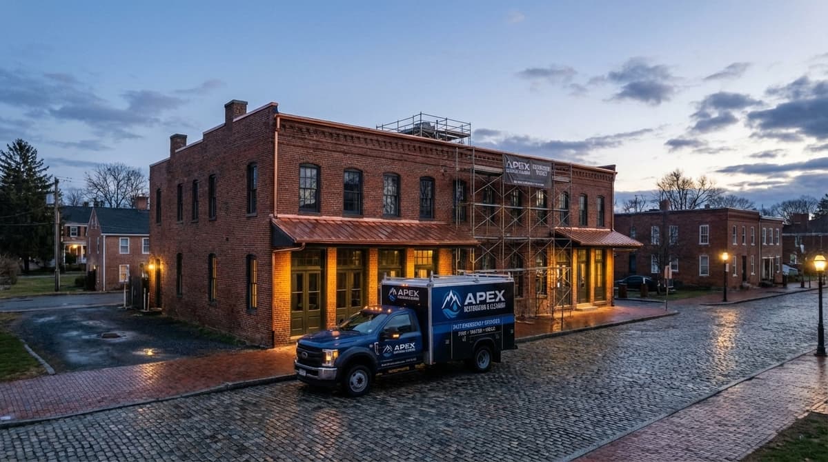 Professional restoration work truck outside restored building