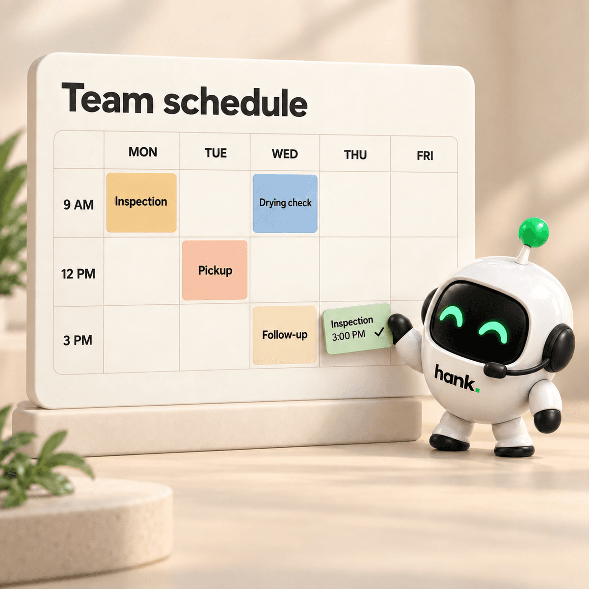 Hank adding a confirmed 3 PM inspection appointment to a team calendar