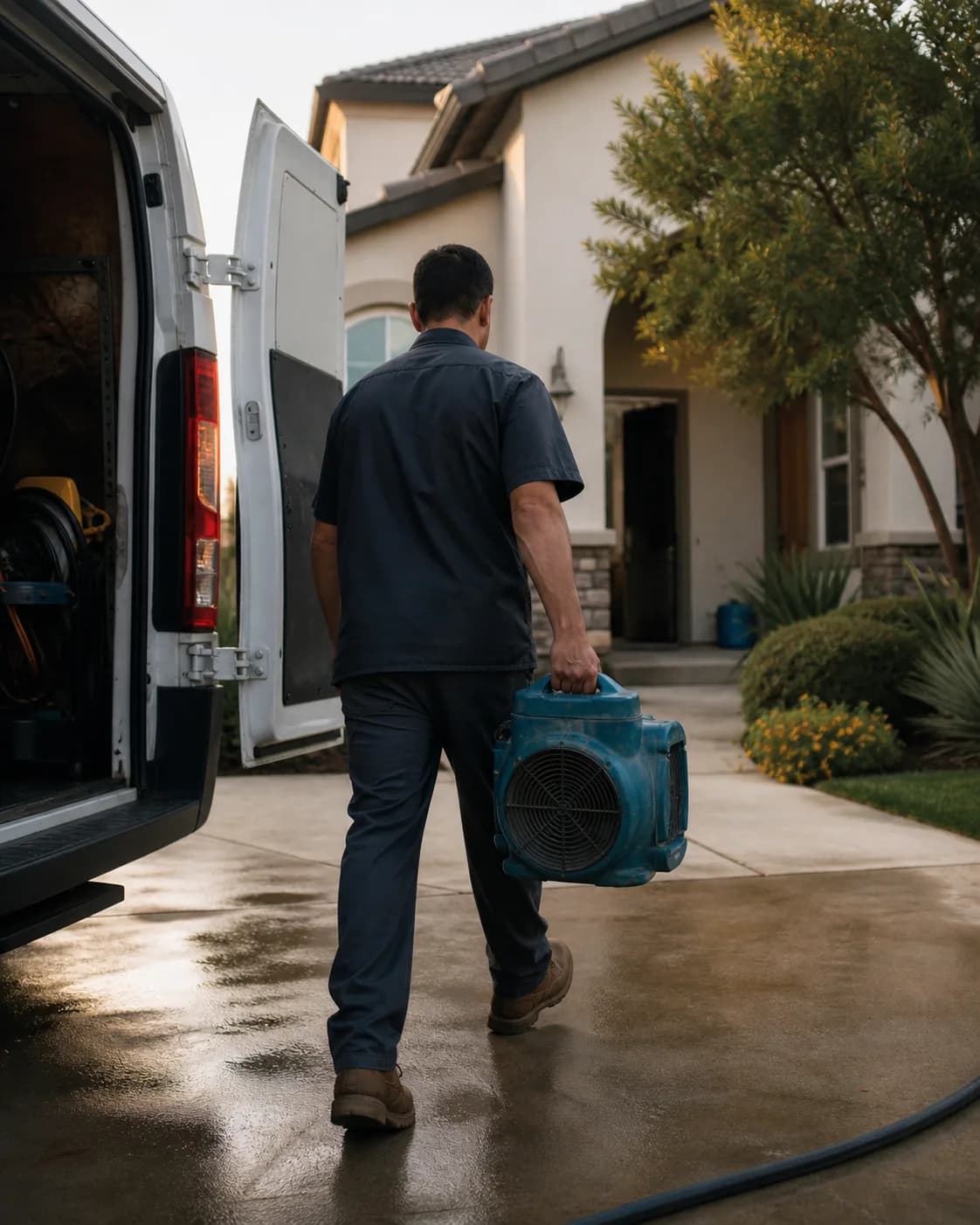 Restoration technician carrying an air mover from a service van to a home
