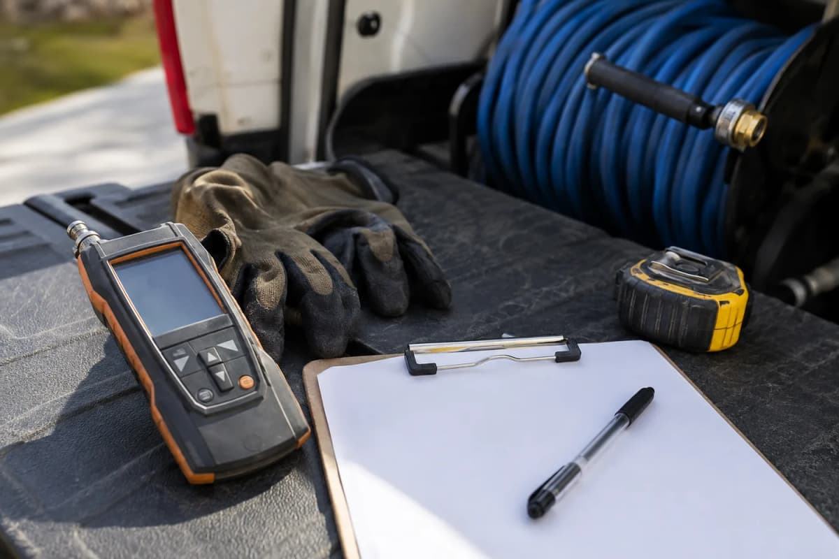 A moisture meter, work gloves, and an intake clipboard on a service van work surface.