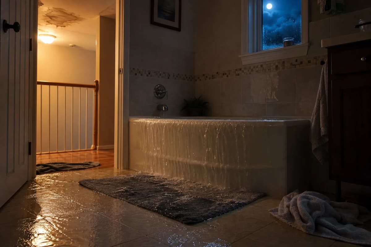 Water spreading across a bathroom floor beside an overflowing bathtub at night.