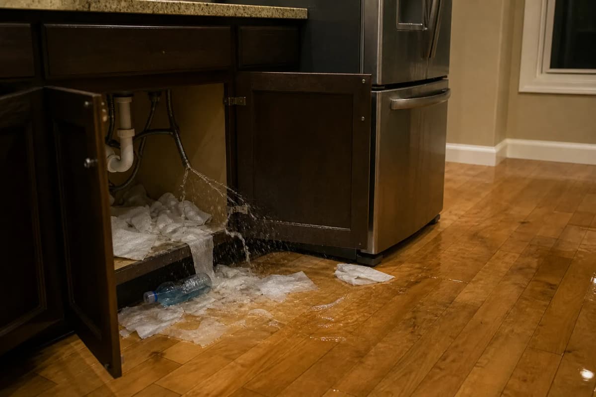 Water flowing from beneath a kitchen sink cabinet onto a wood floor.