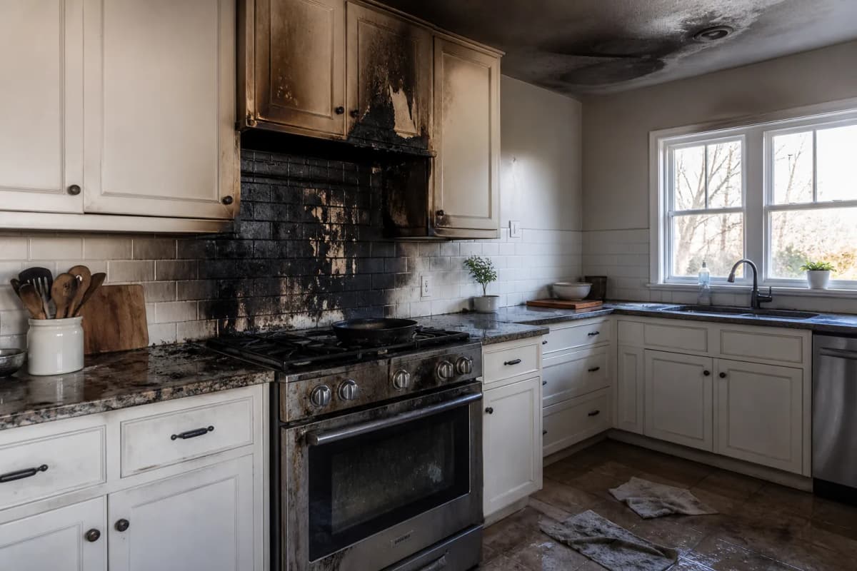 Scorched cabinets and a blackened backsplash above a kitchen range after a fire.