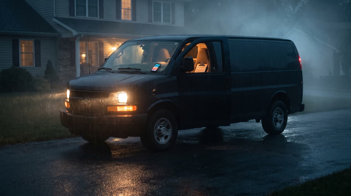 A work van outside a house on a rainy night, with a driver visible through the window.