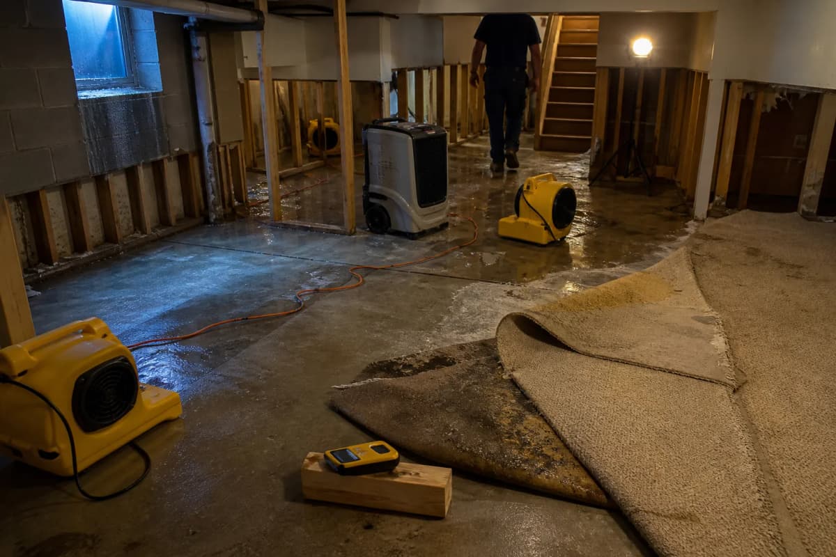 Air movers, a dehumidifier, and lifted carpet in a basement undergoing water damage restoration.
