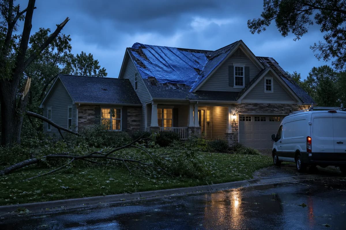 A storm-damaged house with a blue roof tarp, fallen branches, and a work van in the driveway.
