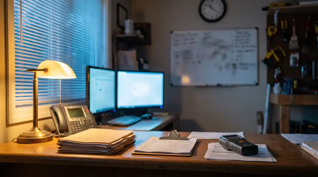An operations desk with claim folders, a phone, two monitors, and a moisture meter.