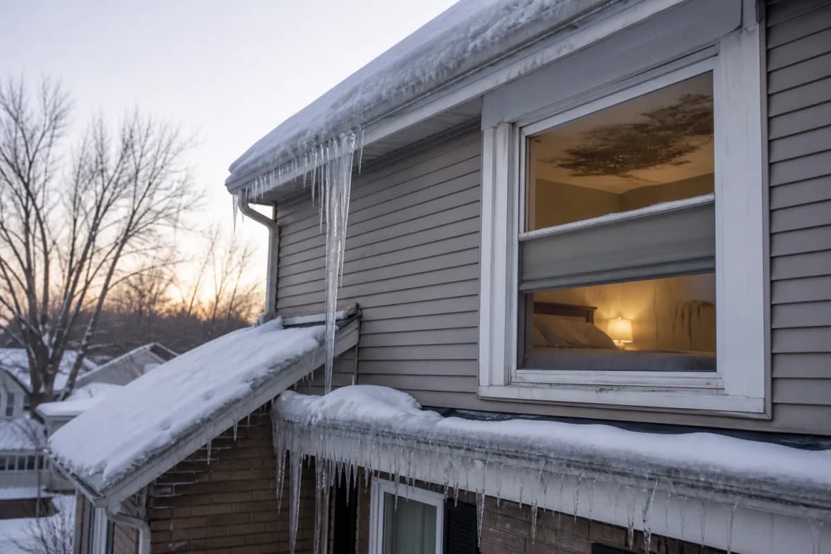 Ice and icicles along the roof and gutters of a snow-covered house.