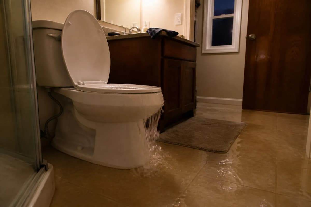 Water pooling around a toilet and flowing across a tiled bathroom floor.
