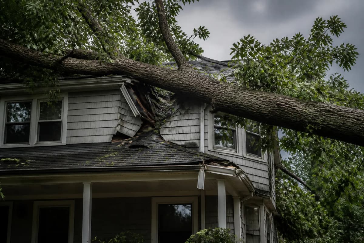 A large fallen tree resting across the roof of a house.