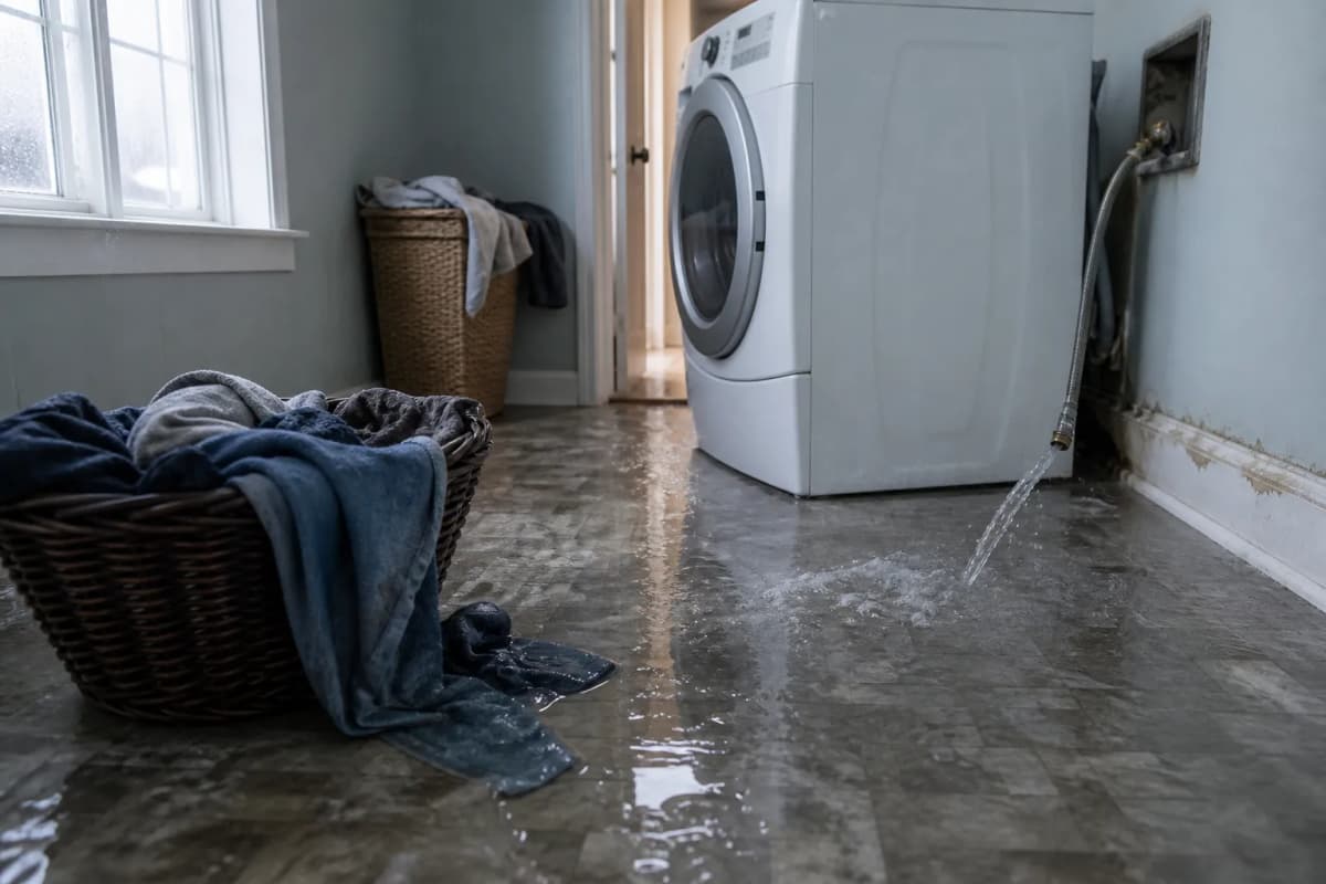 Water spraying beside a washing machine and spreading across a laundry-room floor.