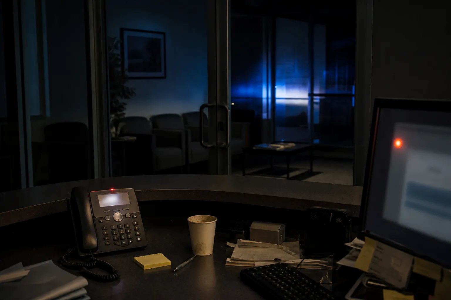 An unoccupied office desk with a phone and monitor after dark.